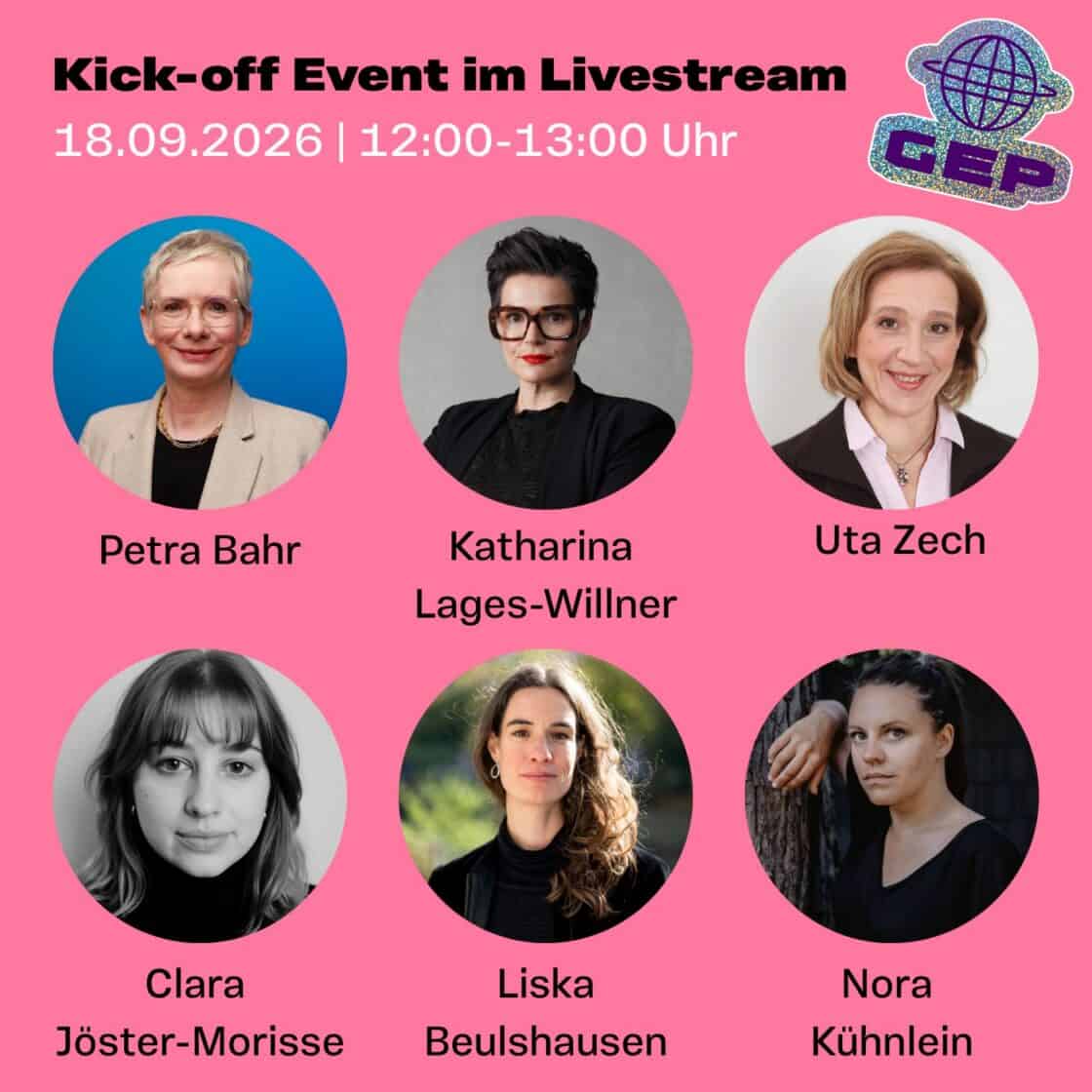 Grafik mit der Ankündigung des Kick-off Events „Generation Equal Pay” am 18. September 2026 von 12:00 bis 13:00 Uhr im Livestream. Fotos der Teilnehmerinnen Petra Bahr, Katharina Lages-Willner, Uta Zech, Clara Jöster-Morisse, Liska Beulshausen und Nora Kühnlein.