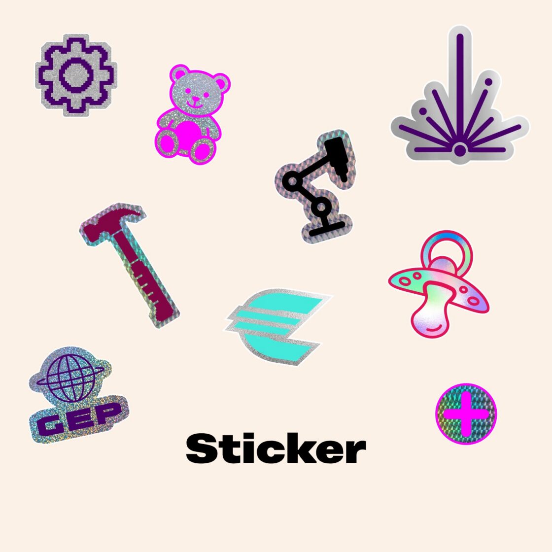 Grafik mit dem Schriftzug „Sticker” und den Stickern aus der Equal Pay Day Kampagne 2027: dem Schriftzug „GEP”, einer Schraube, einem Eurozeichen mit integriertem Gleichheitszeichen, einem Schnuller, einem Hammer, einem Roboter, einem Teddy, einem Laser und einem Reifen.