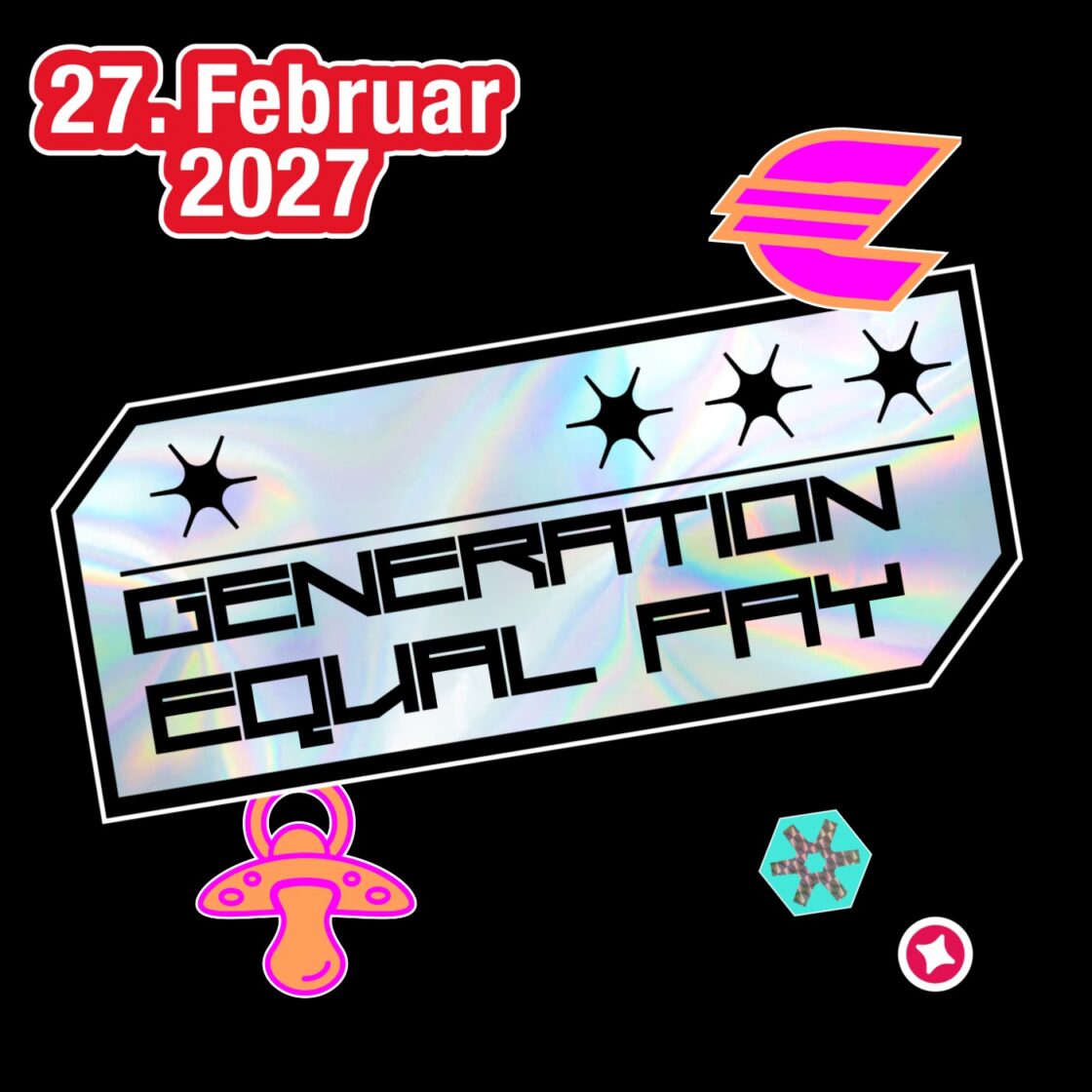 Grafik mit dem Schriftzug „Generation Equal Pay”, dem Datum 27. Februar 2027 und Stickern zur Veranschaulichung